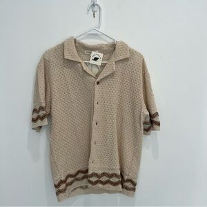 MORSECODE Short Sleeve Button Up Woven 70s Shirt with Green & Orange Stripes NWT